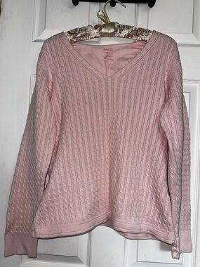 Women's Pink Cable Knit V-Neck Sweater